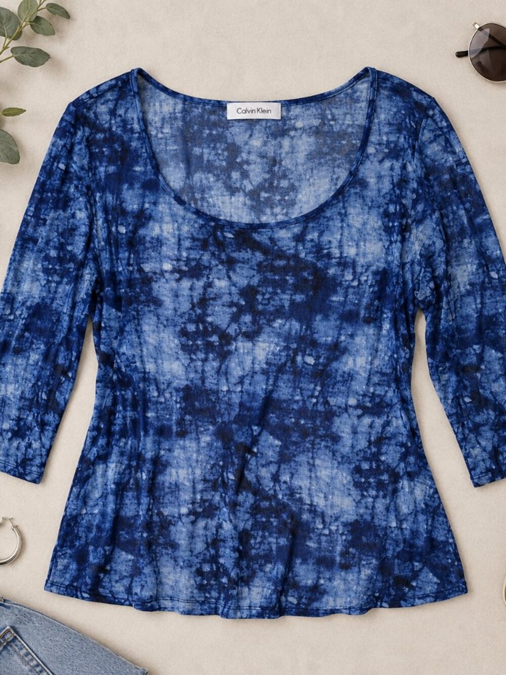 Calvin Klein Blue Abstract Tie Dye Sheer Knit Top Estimated Large L